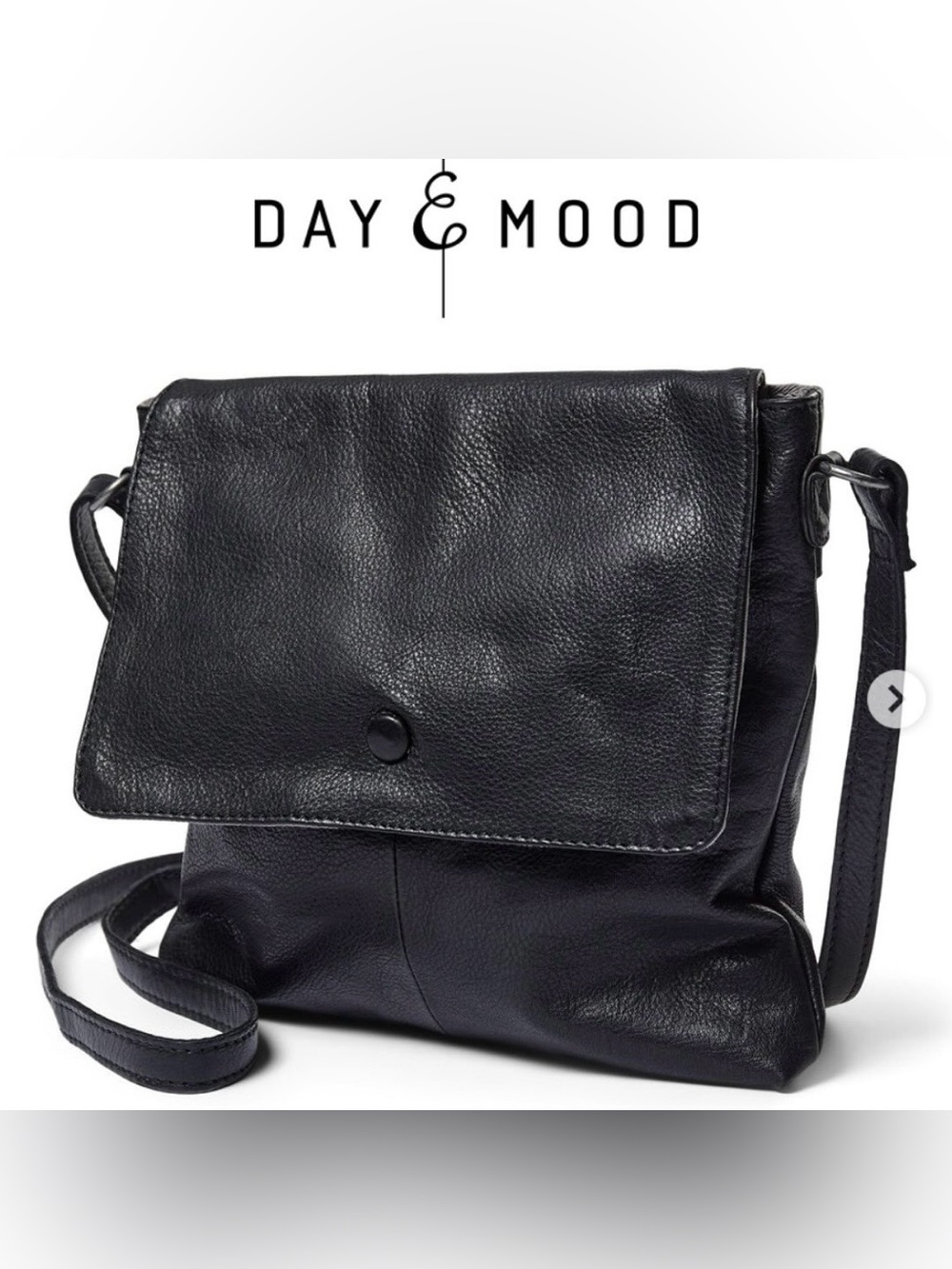 Day & Mood Black Leather Malou Crossbody Bag, Front Flap, Magnetic Closure